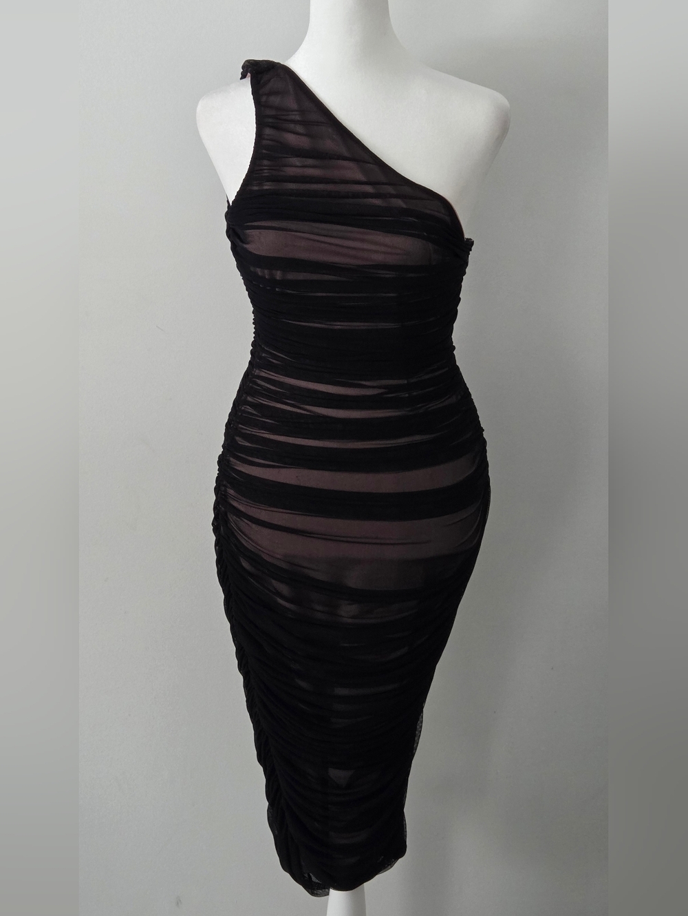 le chateau One-Shoulder Black Ruched Sheer Midi Dress